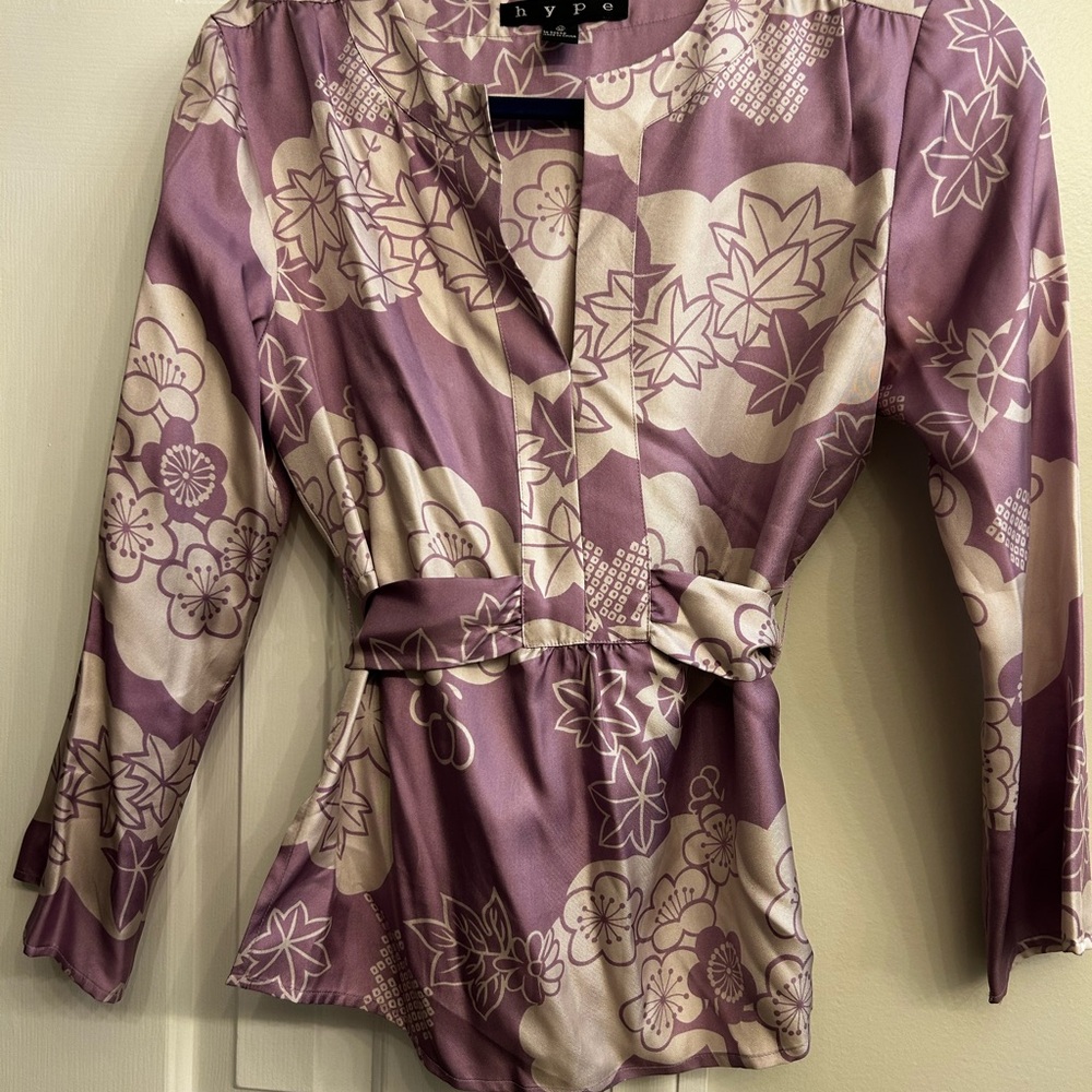 Silk Twill Tie Waist Blouse Light Purple Sakura Blossom Floral